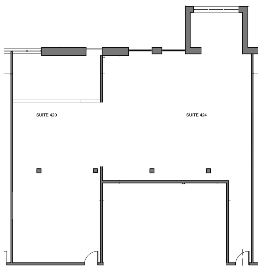 Floor plan showing Suite 420 and Suite 424, which can be leased together or subdivided